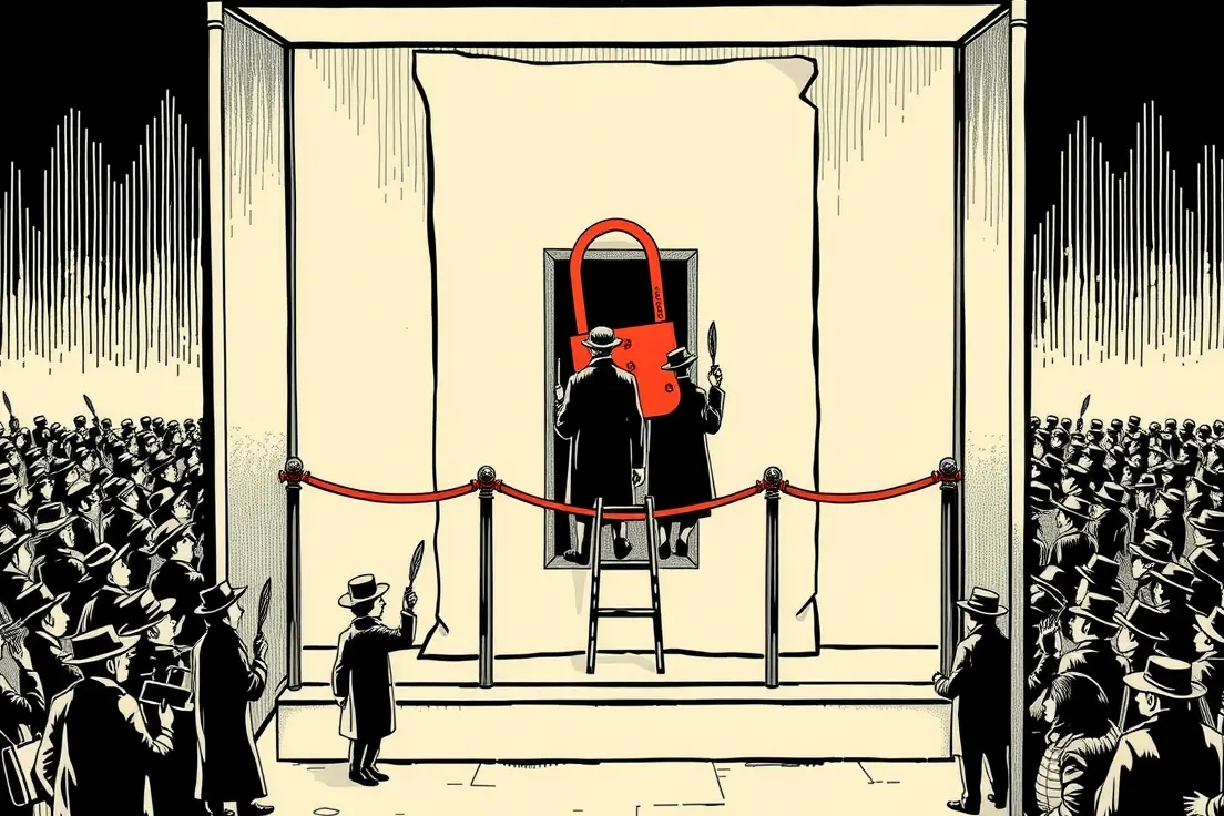 Editorial cartoon of a huge parchment sealed inside a thick glass display case welded shut with iron bands, while behind it a small group of robed figures quietly writes on the parchment through a concealed hatch in the back.