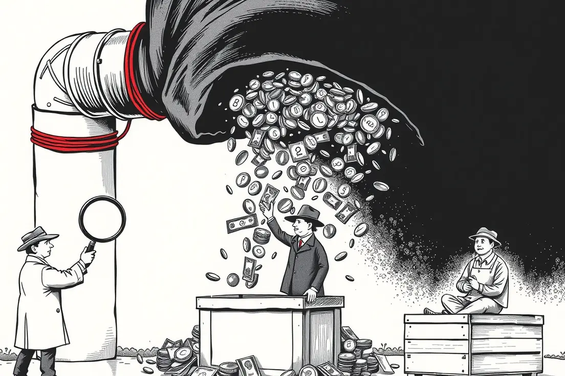 Editorial cartoon of a huge cash chute pouring money into a ballot box through a heavy black hood that conceals the pipe's origin, while a small figure with a magnifying glass peers helplessly at the hood.