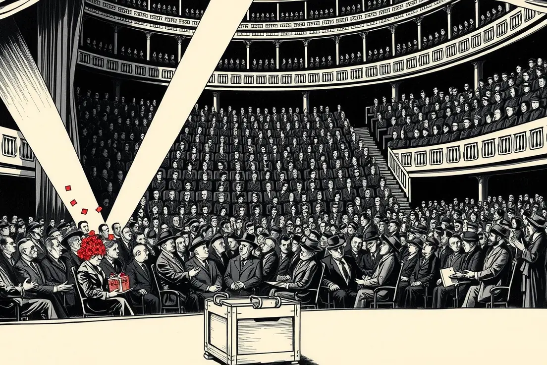 Editorial cartoon of a giant theatre where only a handful of seats near the front are lit and occupied by figures being showered with gifts, while the vast darkened remainder of the auditorium is packed with people nobody is looking at.