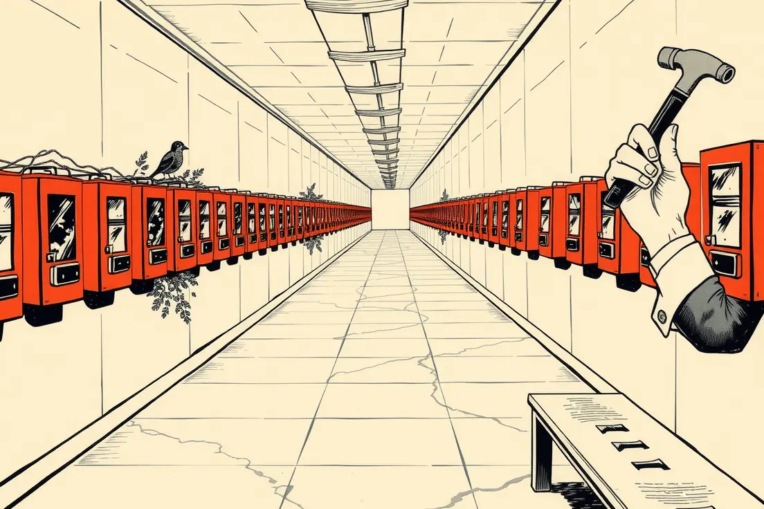 Editorial cartoon of a wall of dozens of red emergency alarm boxes under glass, most of them thickly cobwebbed and dusty with the glass long broken, while a hand in a suit cuff calmly breaks the glass on one more at the end of the row.