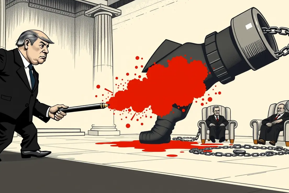 A vintage editorial-cartoon illustration in cream, black, navy, gold and red. At left, a small faceless figure in a rumpled suit leans his full weight into the end of a giant felt-tip marker, shoving it across the marble floor of a government hall and dragging a thick red smear of ink behind him. The smear stops dead against a wall of huge raised wooden gavels held by faceless black-robed arms filling the right of the frame; the marker's tip buckles and the red ink sprays back over the man pushing it. A crater is smashed into the marble where the smear halts, cracks spreading through the stone. Snapped chains with open hooks lie in the wet ink. Far behind, a donkey and an elephant in matching suits doze in armchairs under dust sheets, cobwebbed together.