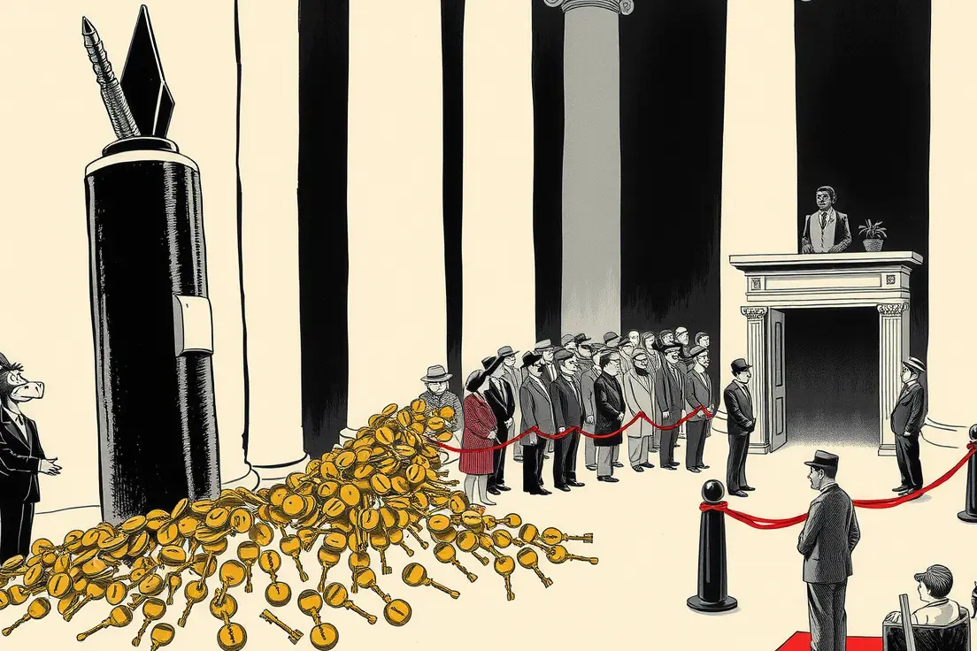 Editorial-cartoon illustration of a three-storey fountain pen standing upright in a dim columned hall, rebuilt as a coin-operated machine with a slot in its barrel, a lever on its flank and its huge gold nib angled down as a chute. Plain brass keys pour endlessly from the nib and heap in drifts across the floor among sprung-open padlocks and snapped chain. A hand in a starched cuff reaches out of a hatch to pull the lever. At the slot, a donkey and an elephant in rumpled suits stand arm in arm feeding gold coins from bulging pouches, keys stuffed in their pockets, at the head of a velvet-roped queue of overcoated silhouettes stretching into the dark. In shadow against the far wall, the ordinary petitioner's window is boarded over with crossed planks, chained, padlocked and cobwebbed, with one person in shirtsleeves waiting alone beside it, cap in hand. No text appears anywhere in the image.
