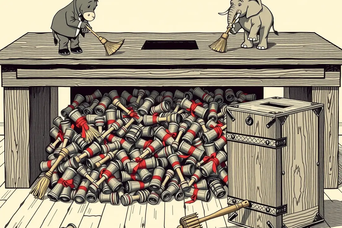 Vintage editorial cartoon: a cartoon donkey and a cartoon elephant in rumpled suits, sleeves shoved up, stand shoulder to shoulder and use push brooms to sweep a heap of small plain wooden gavels into a long slot cut through the top of a giant committee table. Two gavels tied with red ribbon are already halfway down the slot. Beneath the table an oversized drawer sags open and more gavels spill out of it into darkness, while at the head of the table one last gavel sits cobwebbed to its sounding block, never used. In the lower right, an upright red and black strongbox with iron rivets and a narrow slot in its lid stands on the bare floor, far too wide to fit the table slot, with a third push broom snapped in half against its base. Printed in cream, black, navy, gold and red with heavy ink linework and halftone shading. The illustration contains no text.