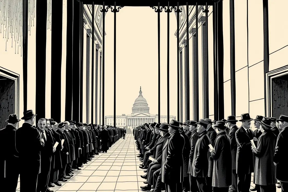 Editorial cartoon of an enormous ornate brass gate blocking a corridor, held shut by a single small wooden wedge under it, while a crowd of figures with documents waits on one side and an empty chamber sits on the other.