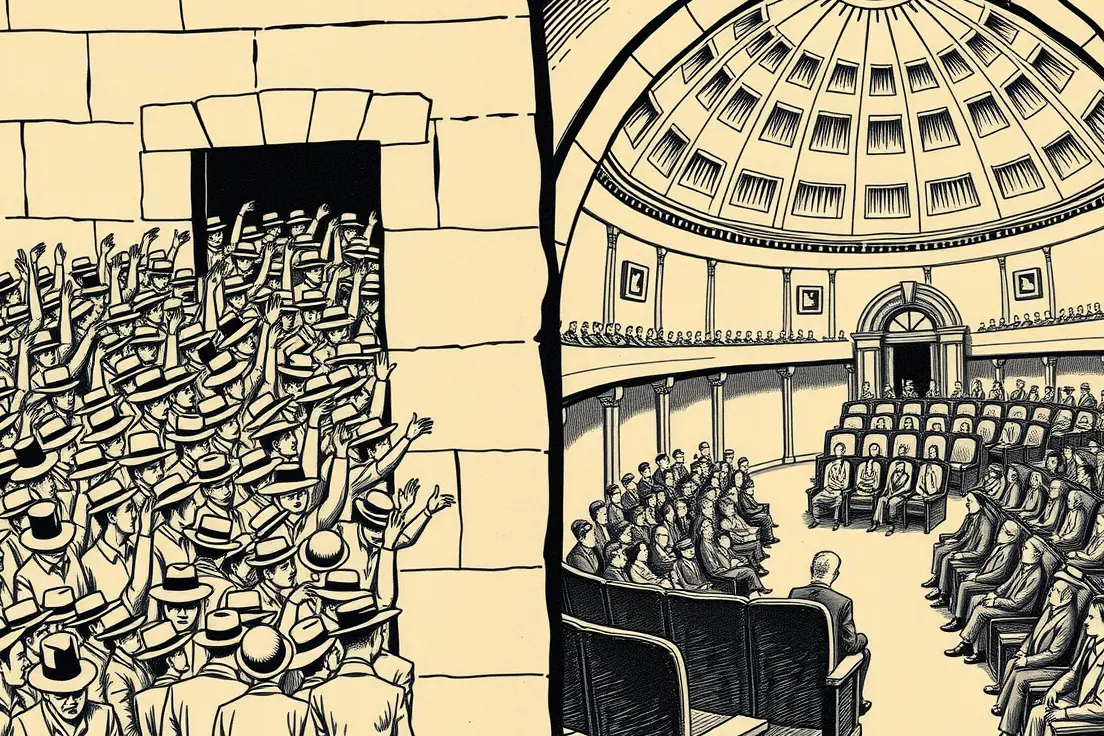 Editorial cartoon of a vast crowd pressed against the doors of a small stone chamber, with a heavy iron bar labelled by nothing across the doors, while inside a handful of figures sit in an enormous half-empty room.