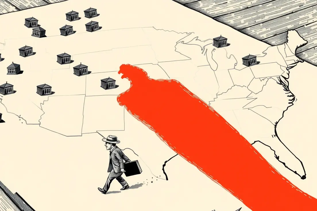Editorial cartoon of a vast map of the United States laid flat, with a tiny lone courthouse in one corner casting an enormous shadow across the whole map, while a figure in a suit walks past dozens of larger courthouses to reach it.