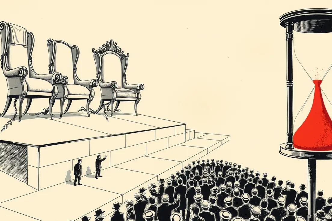 Editorial cartoon of nine enormous ornate armchairs bolted to a marble floor with heavy iron brackets and thick chains, one chair draped in a dust sheet, while a crowd of tiny figures below watches a giant hourglass with no sand left in the upper bulb.