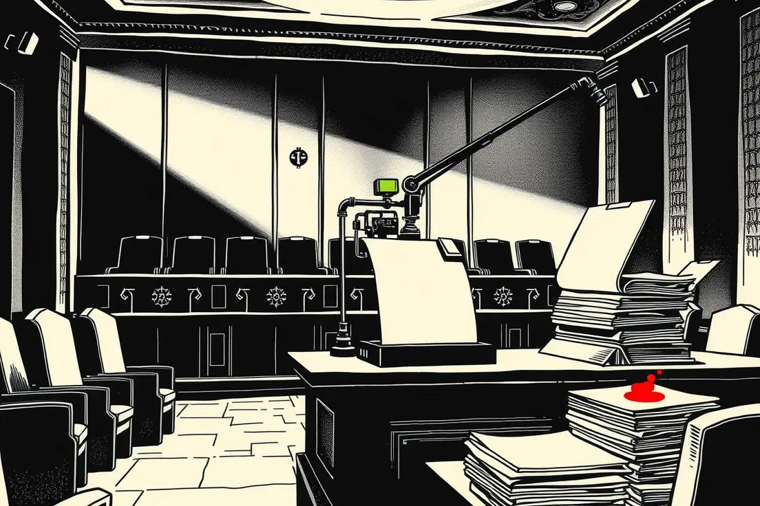 Editorial cartoon of a darkened marble courtroom at night where nine empty chairs face an unlit bench, while a rubber stamp on a long mechanical arm presses an unsigned order onto a document under a single desk lamp.