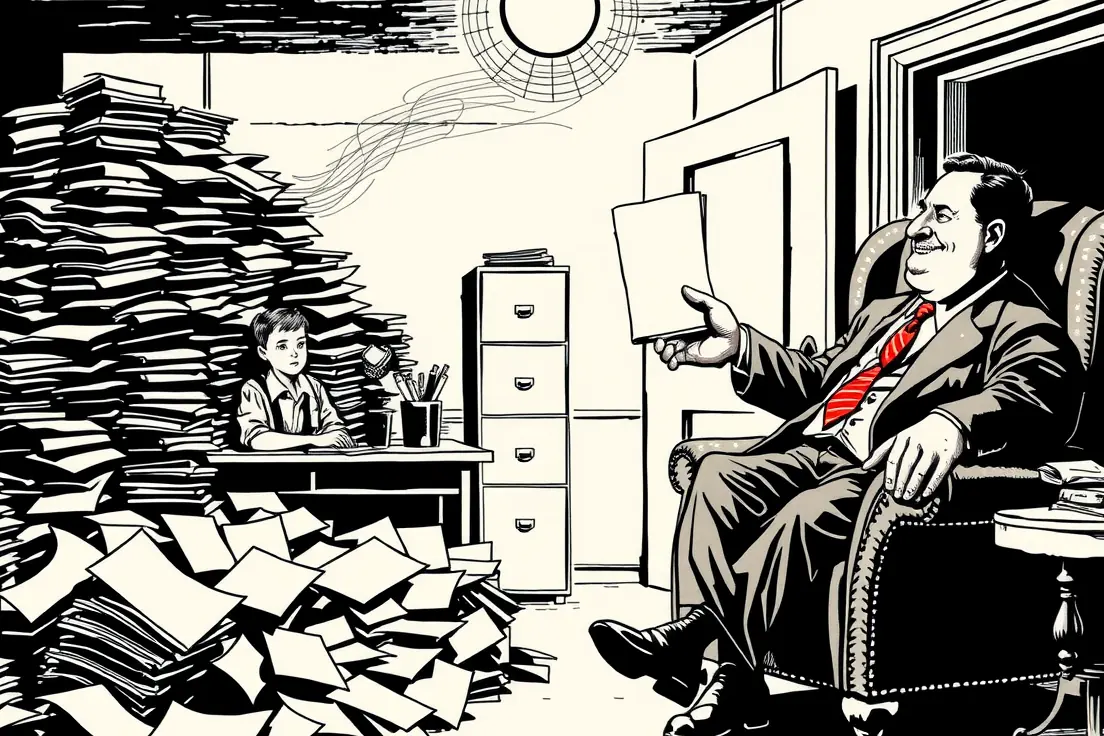 Editorial cartoon of a young clerk at a tiny desk buried under an avalanche of paperwork in a bare office, while through the open door a large well-dressed figure waits comfortably in an armchair holding a neat finished document.