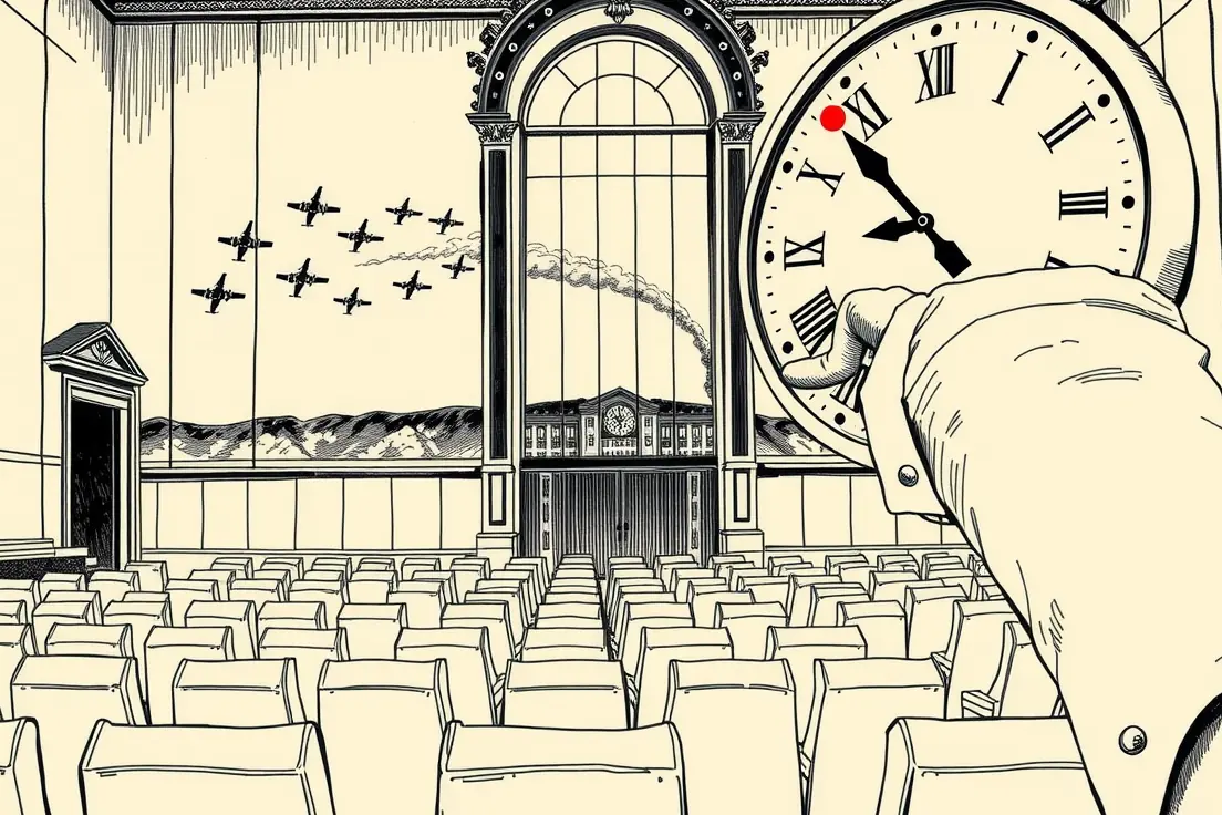 Editorial cartoon of an enormous stopped clock mounted on a wall above an empty congressional chamber, its hands held motionless by a hand reaching in from off-frame, while through a window behind it warplanes fly in formation.
